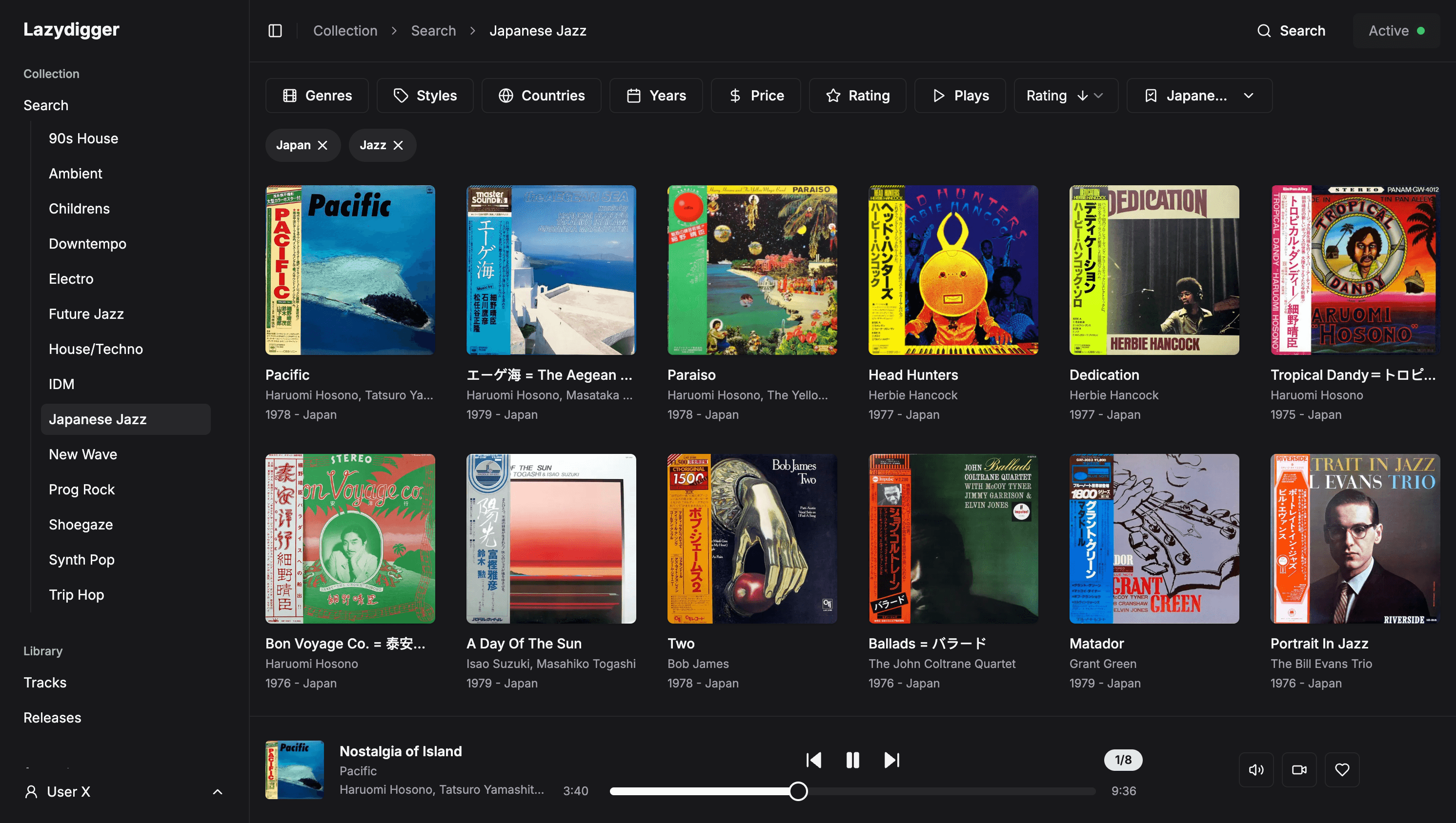 Screenshot showing the Lazydigger app interface with music releases and player controls